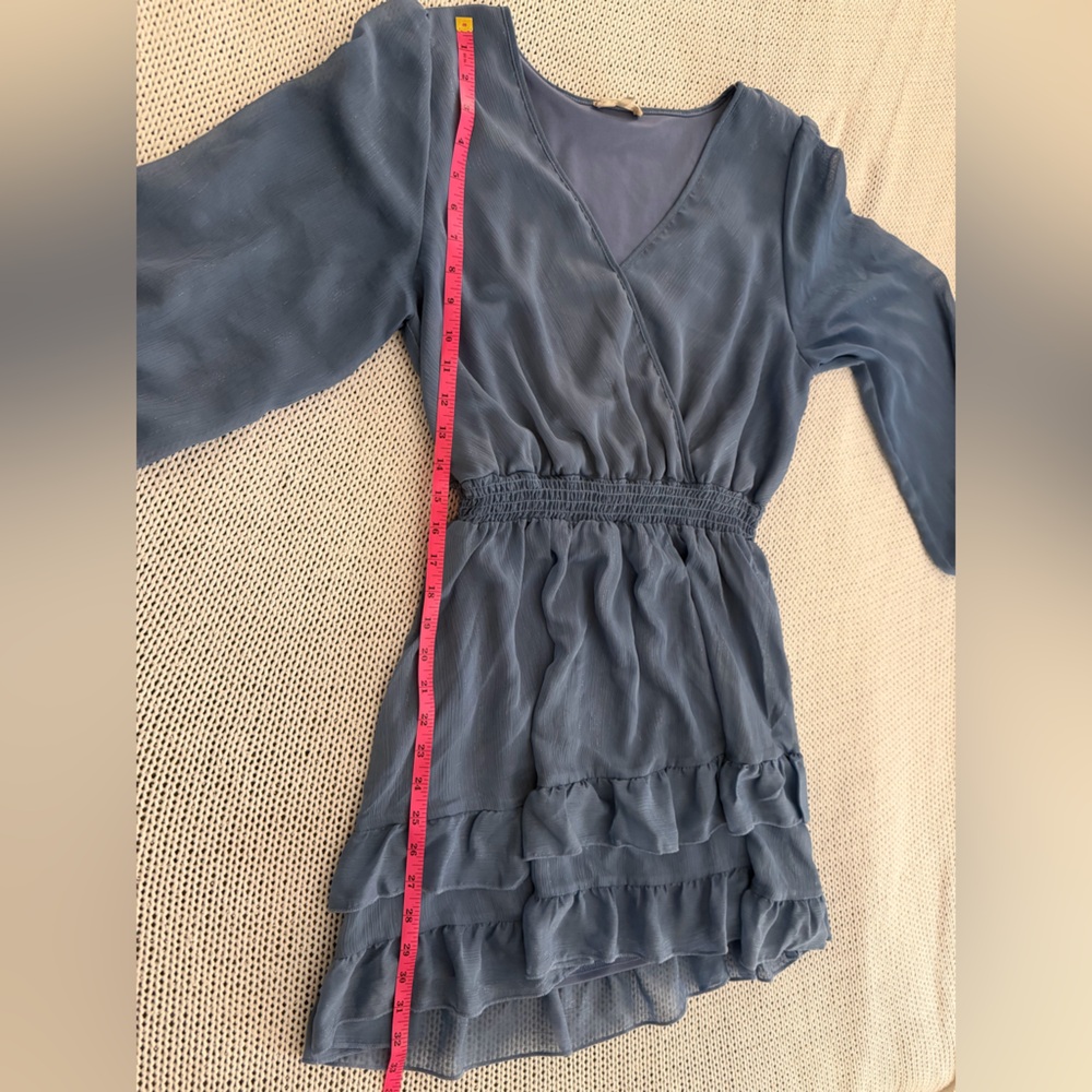ALTAR’D STATE Like New Dusty Blue Sparkle Ruffle Long Sleeve Mini Dress Size L - Picture 9 of 10